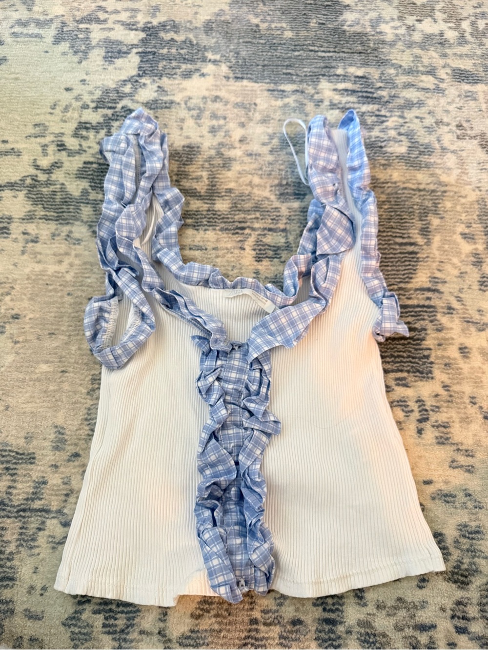 Zara White Ribbed Tank Top with Blue Plaid Ruffle Trim